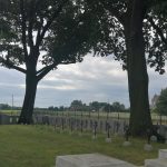 Zdjęcie przedstawia prawą częćś cmentarza na której widoczne są nagrobki poległych żołnierzy oraz dwa drzewa.